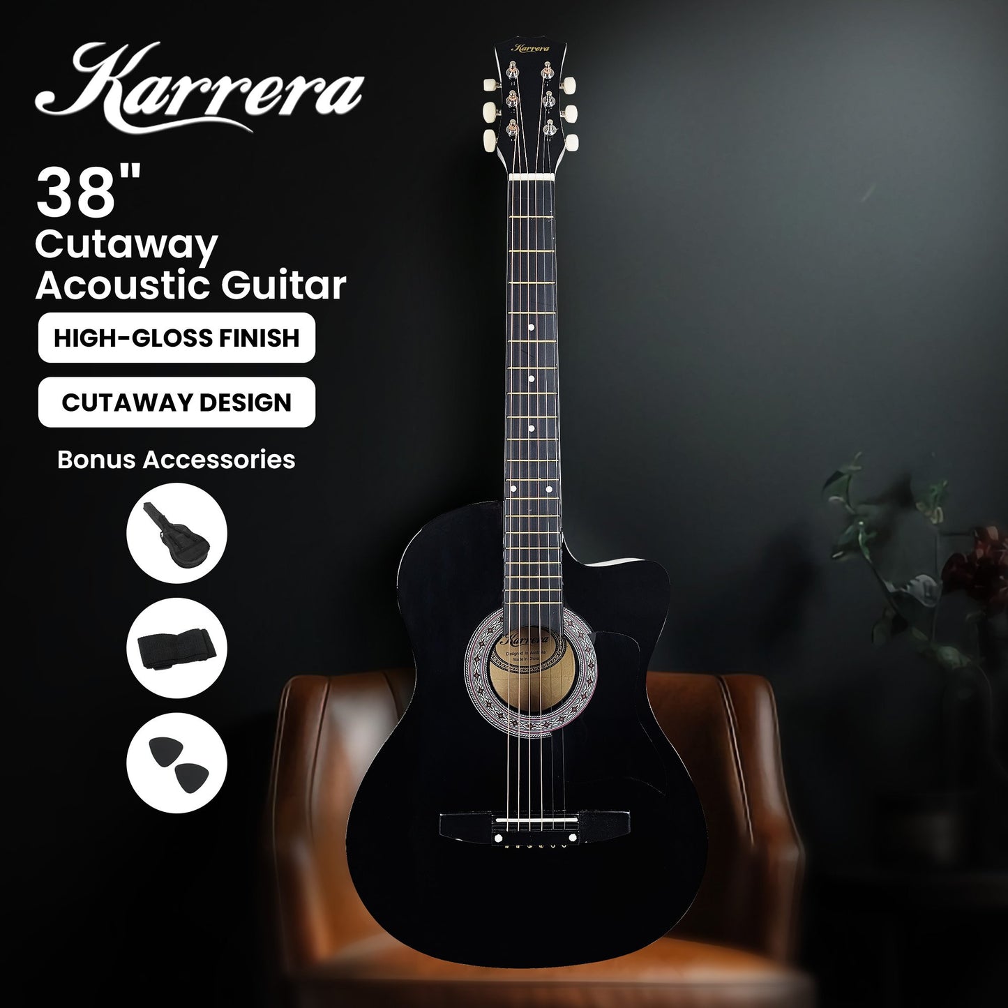 Karrera 38in Acoustic Guitar with Pick Guard Steel String Bag - Black