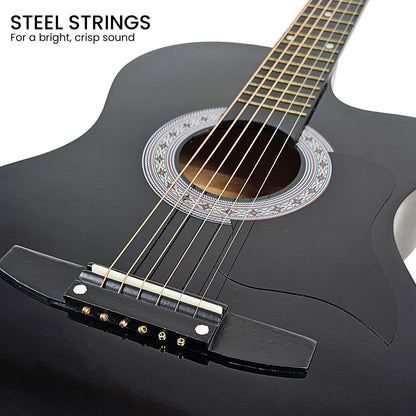 Karrera 38in Acoustic Guitar with Pick Guard Steel String Bag - Black