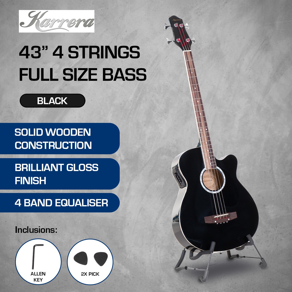 Karrera 43in Acoustic Bass Guitar - Black